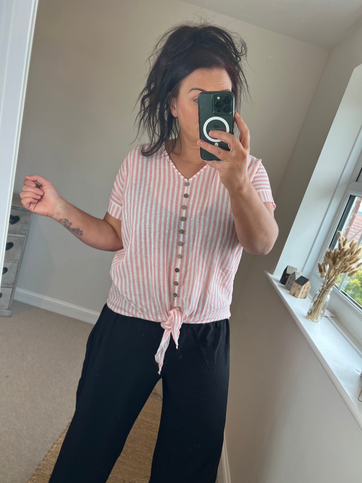 Cotton Tie Front Stripe Top - Pink