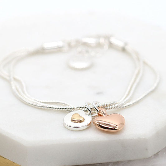 Peace Of Mind - Silver Plated Triple Chain Bracelet with Rose Gold Heart & Heart Disc