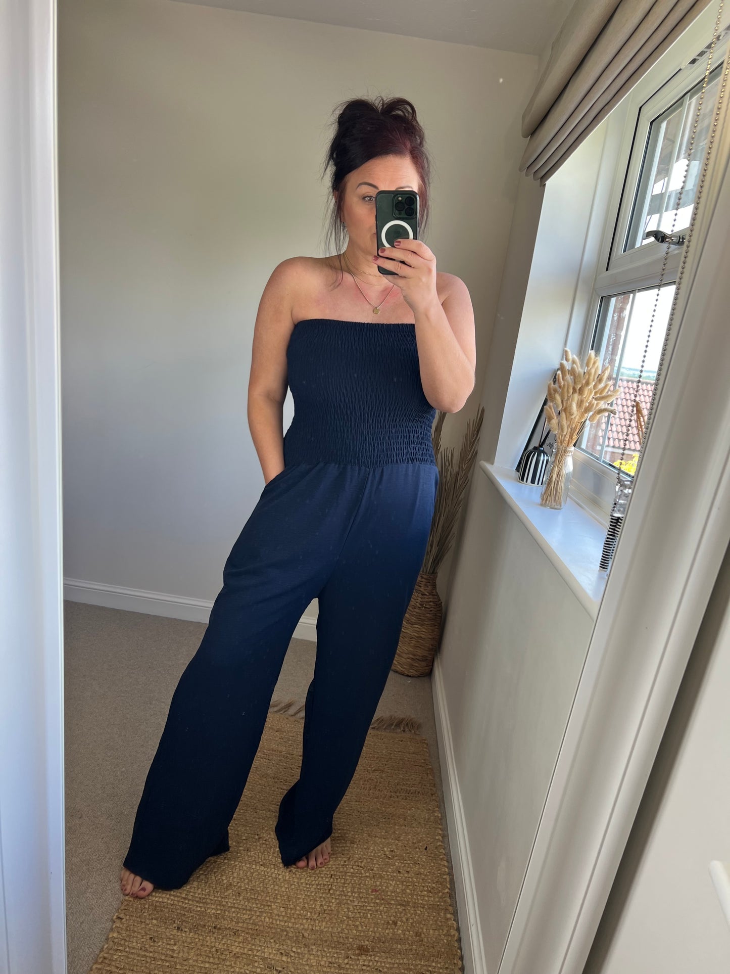 Shirred Strapless Jumpsuit - Navy
