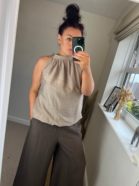 Crinkle Halter Neck Top - Beige
