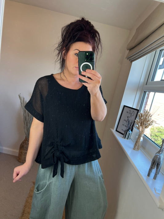 Waffle Drawstring Top - Black