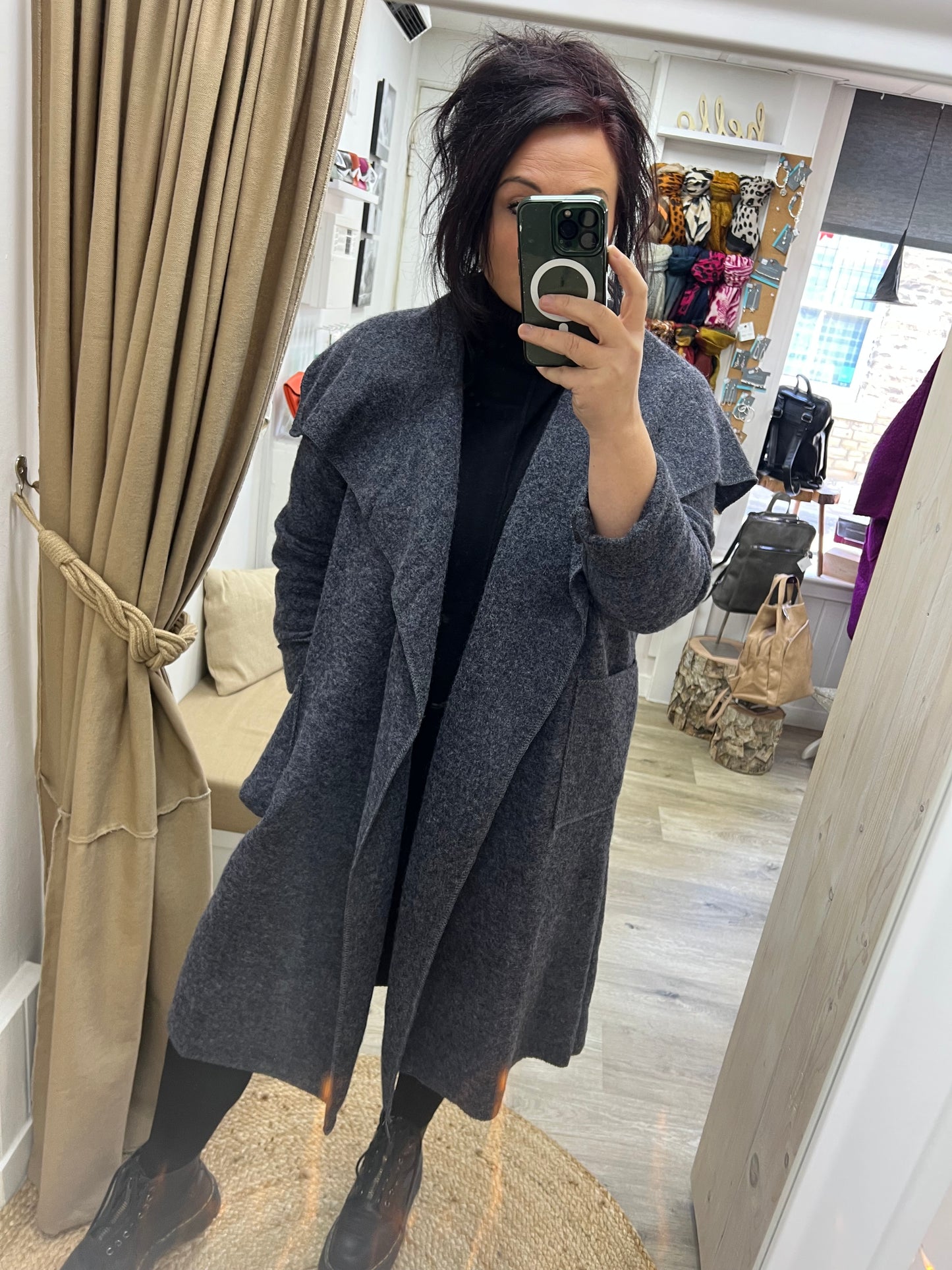 Boiled Wool Open Waterfall Coat - Denim Blue