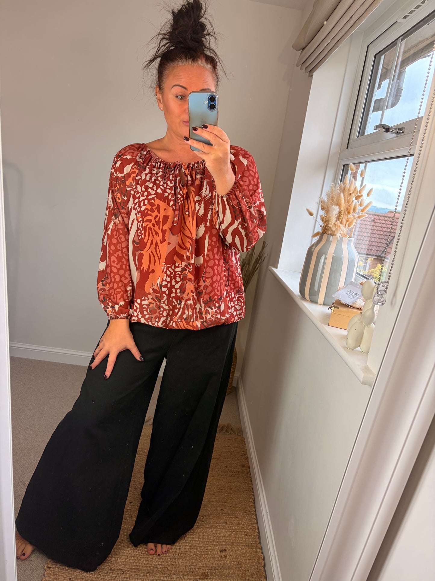 Bubble Hem Animal Print Top - Rust