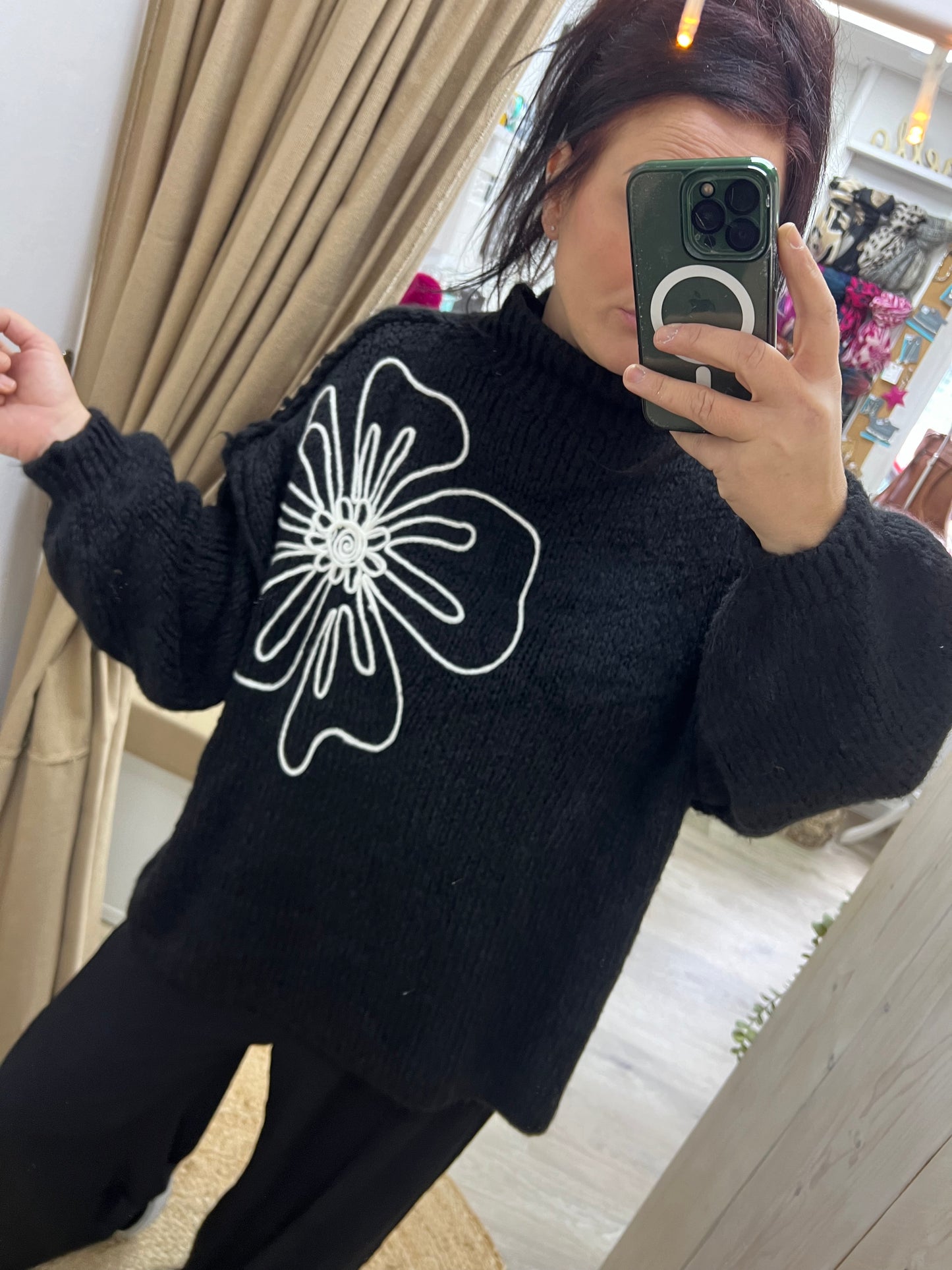 Chunky Knit Jumper with Embroidered Flower - Black