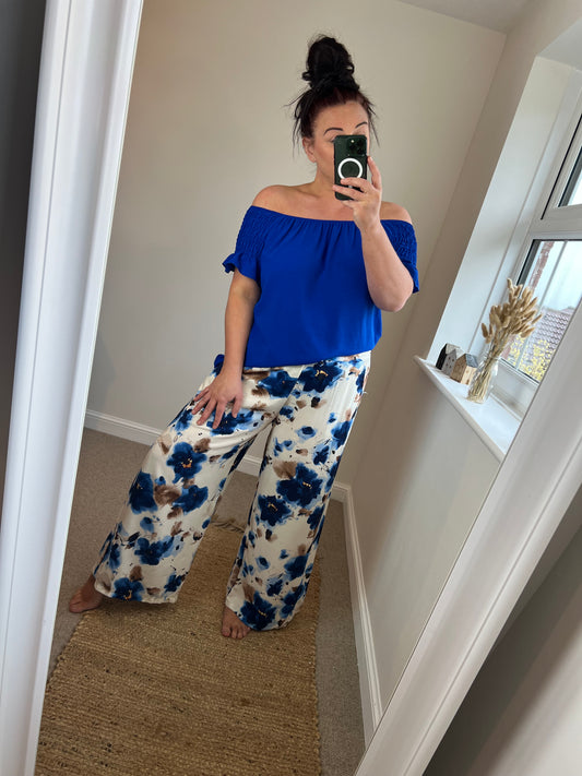 Flower Wide Leg Trousers - Blue