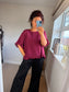 Cotton Ruffle Trim Top - Wine