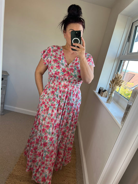 Magic Shirred V Neck Button Dress with Pocket - Roses/Gold