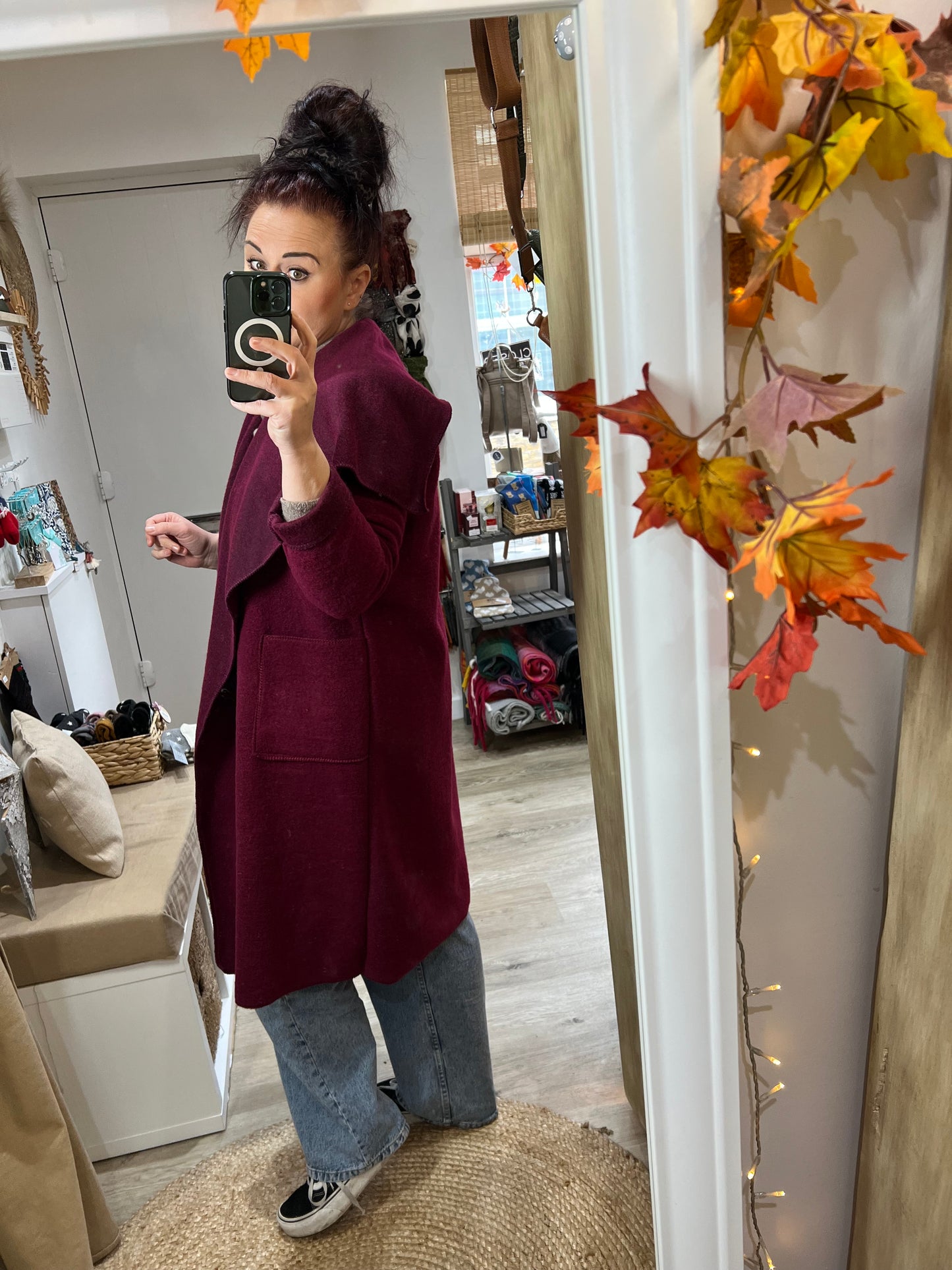 Boiled Wool Waterfall Open Coat - Wine