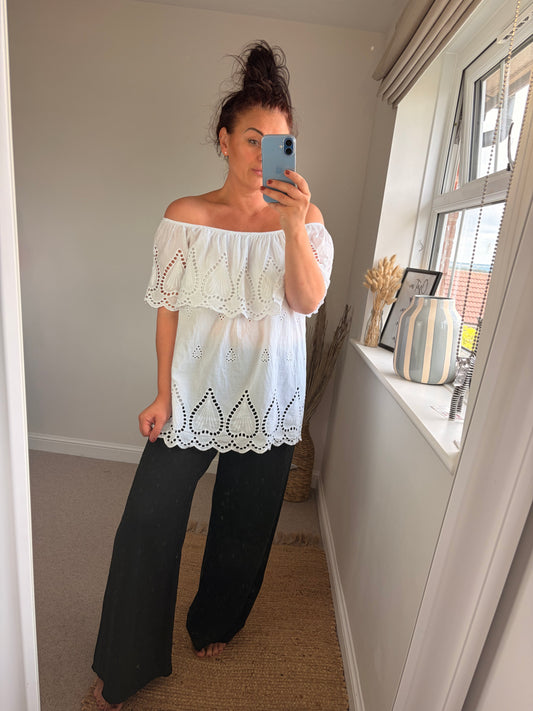 Broderie Anglaise Bardot Top - White
