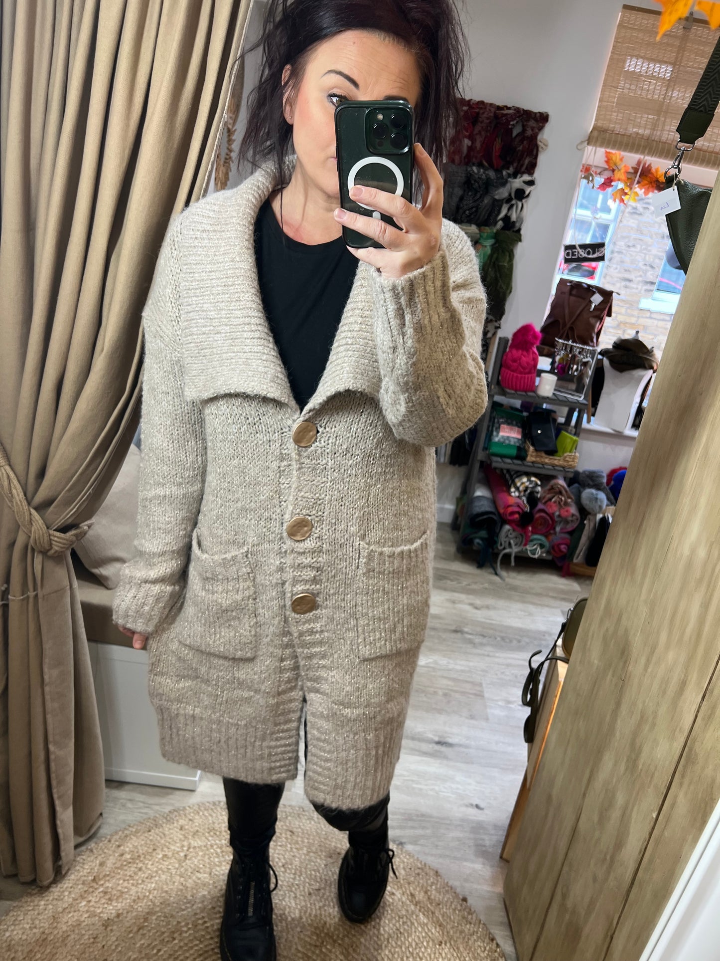 Chunky Knit Long Cardigan - Beige with Gold Flex