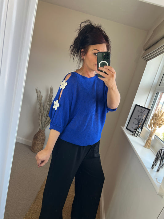 Flower Cold Shoulder Top - Cobalt