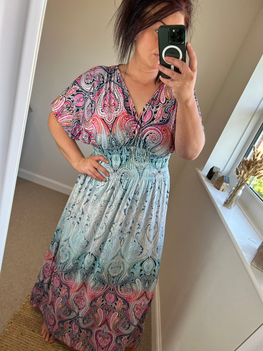 Slinky Mandala Grecian Dress - Pink/Blue