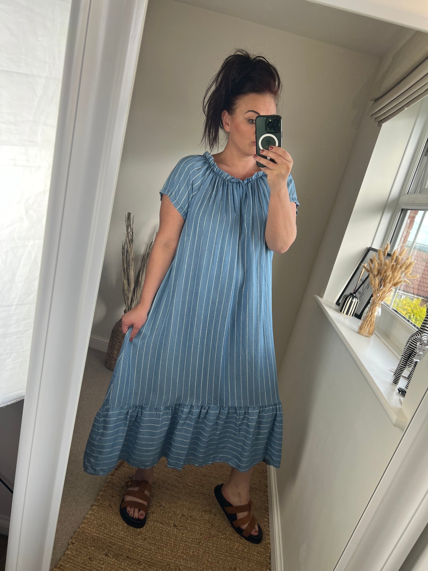 Denim Stripe Bardot Dress