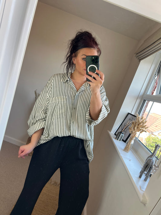 Oversized Linen Stripe Shirt - Khaki