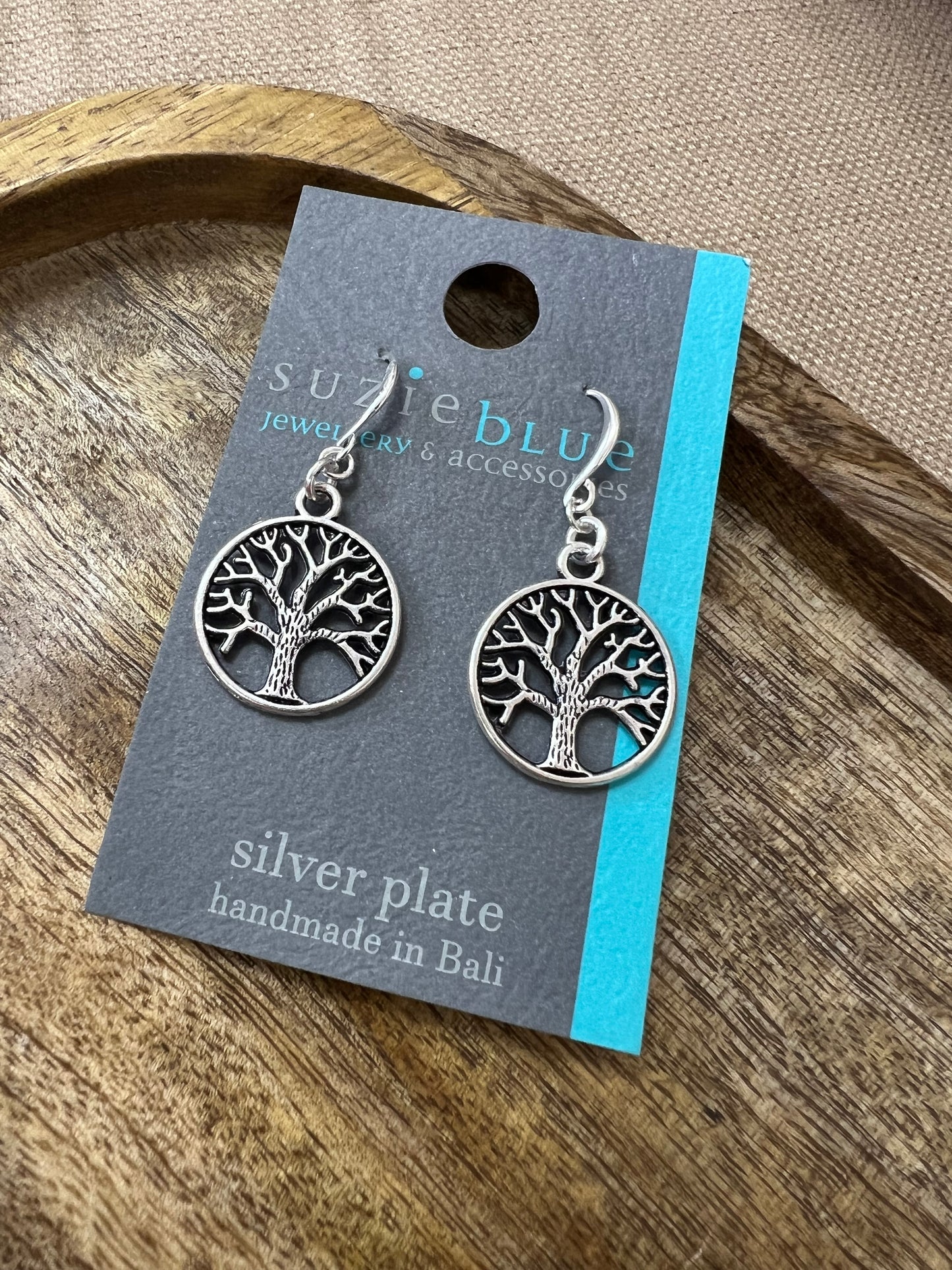 Suzie Blue Silver Plated Tree Of Life Earrings