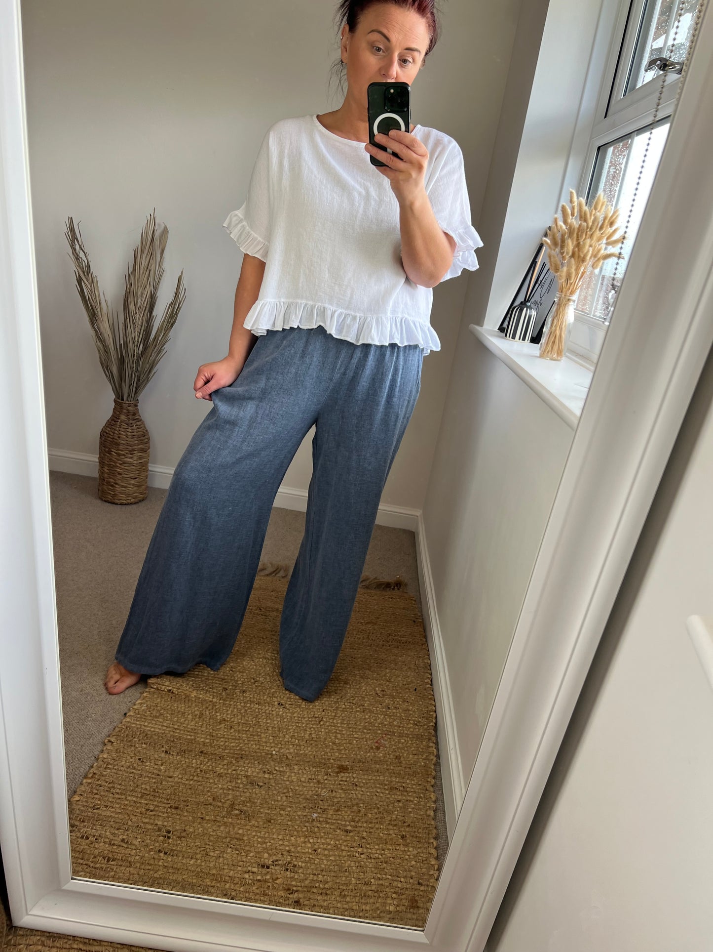 Wide Leg Linen Trousers - Denim Blue