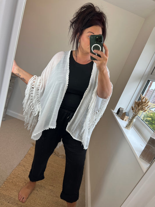 Crochet Tassel Kimono - White
