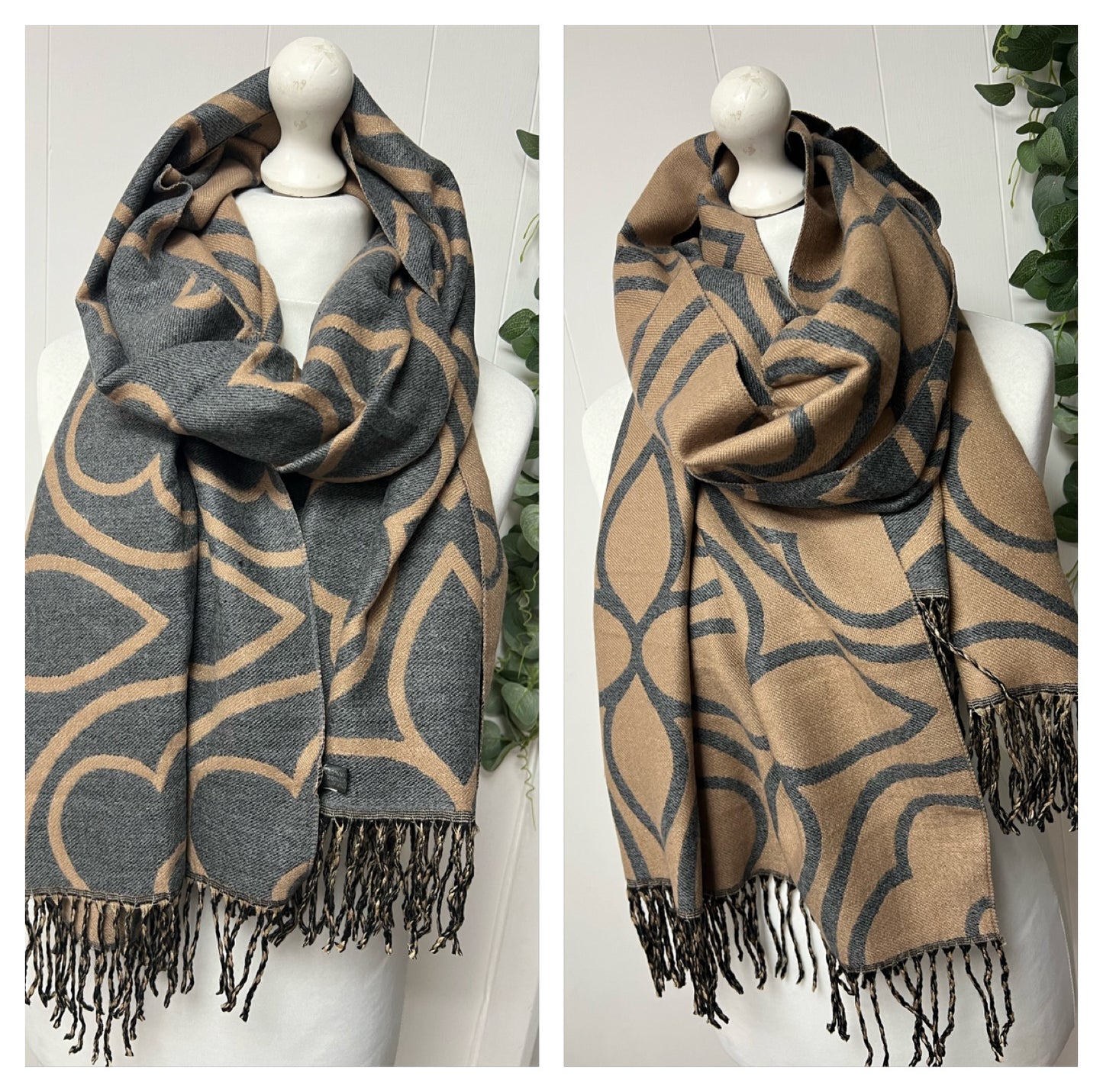 Reversible Flower Scarf - Grey/Camel