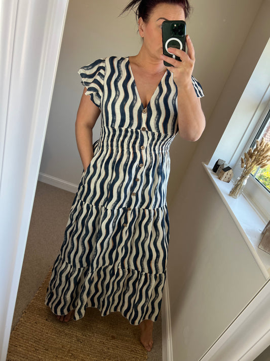Magic Shirred V Neck Button Dress with Pockets - Navy Stripe