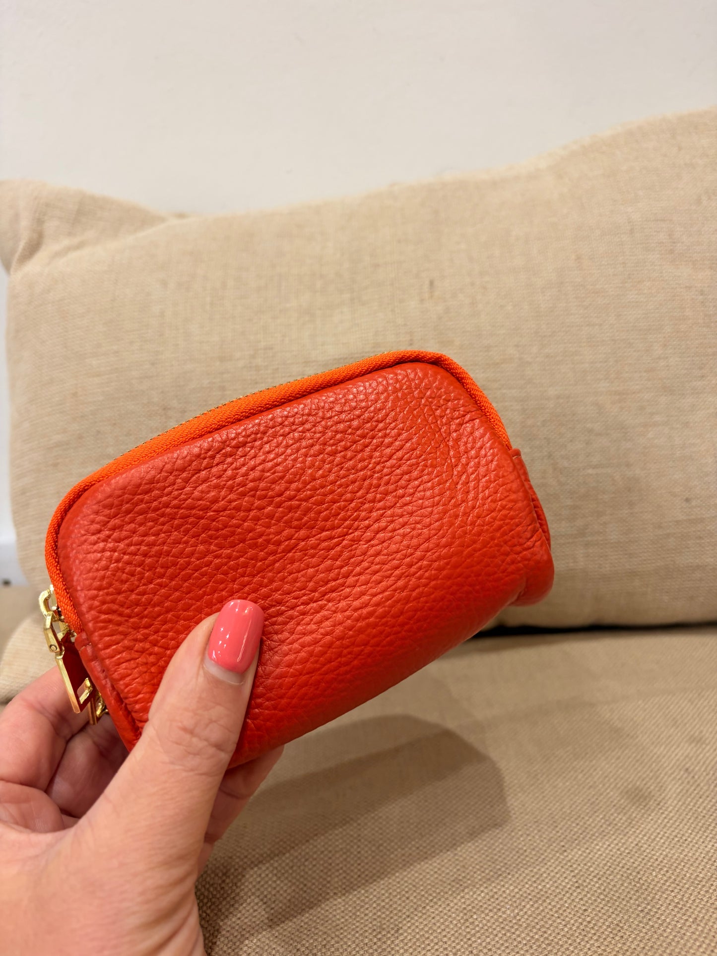 Leather Triple Compartment Purse - Orange