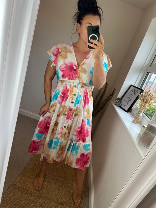 LOTTIE Midi Button Dress with Pockets - Cream Floral