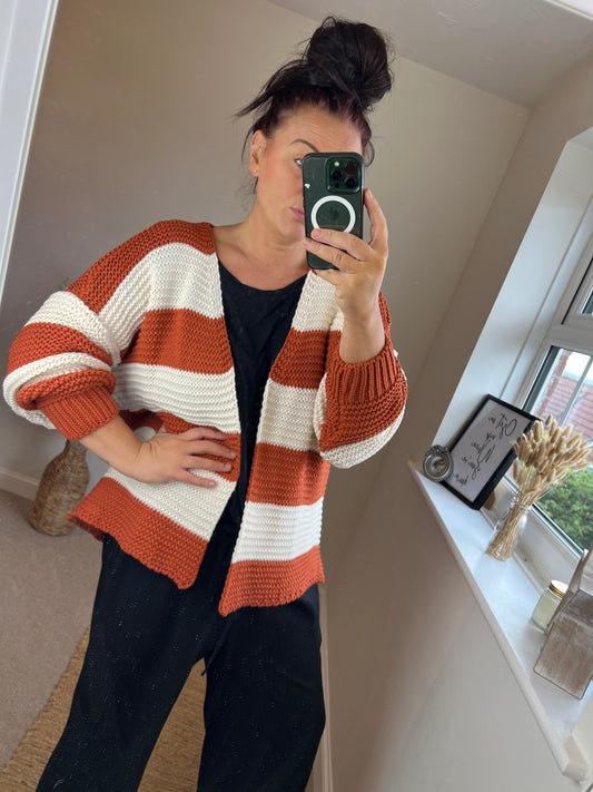 Chunky Knit Stripe Cardigan - Rust/Cream