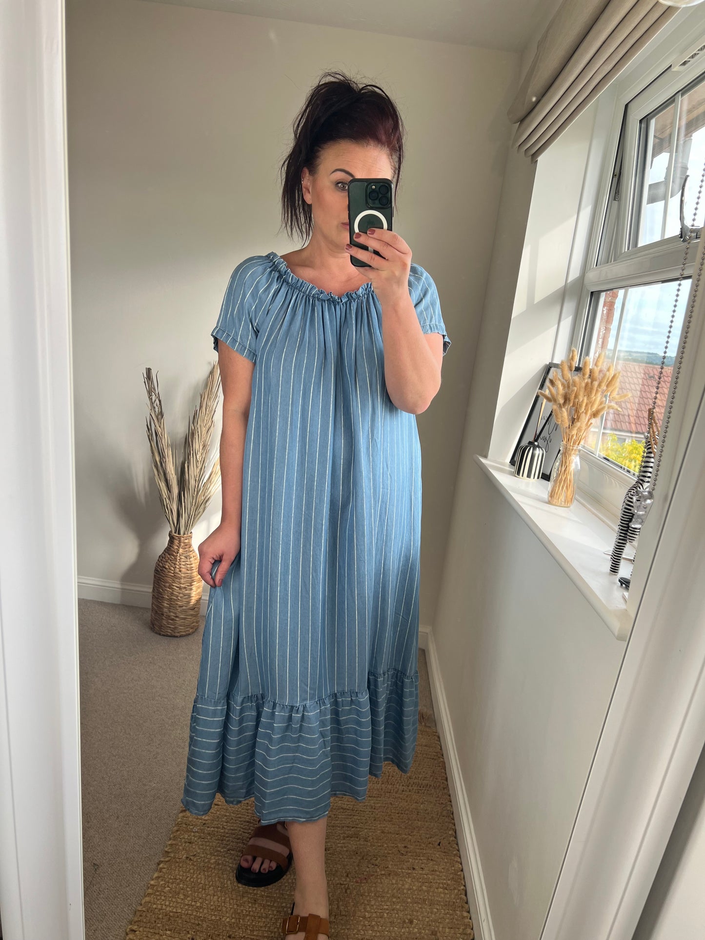Denim Stripe Bardot Dress