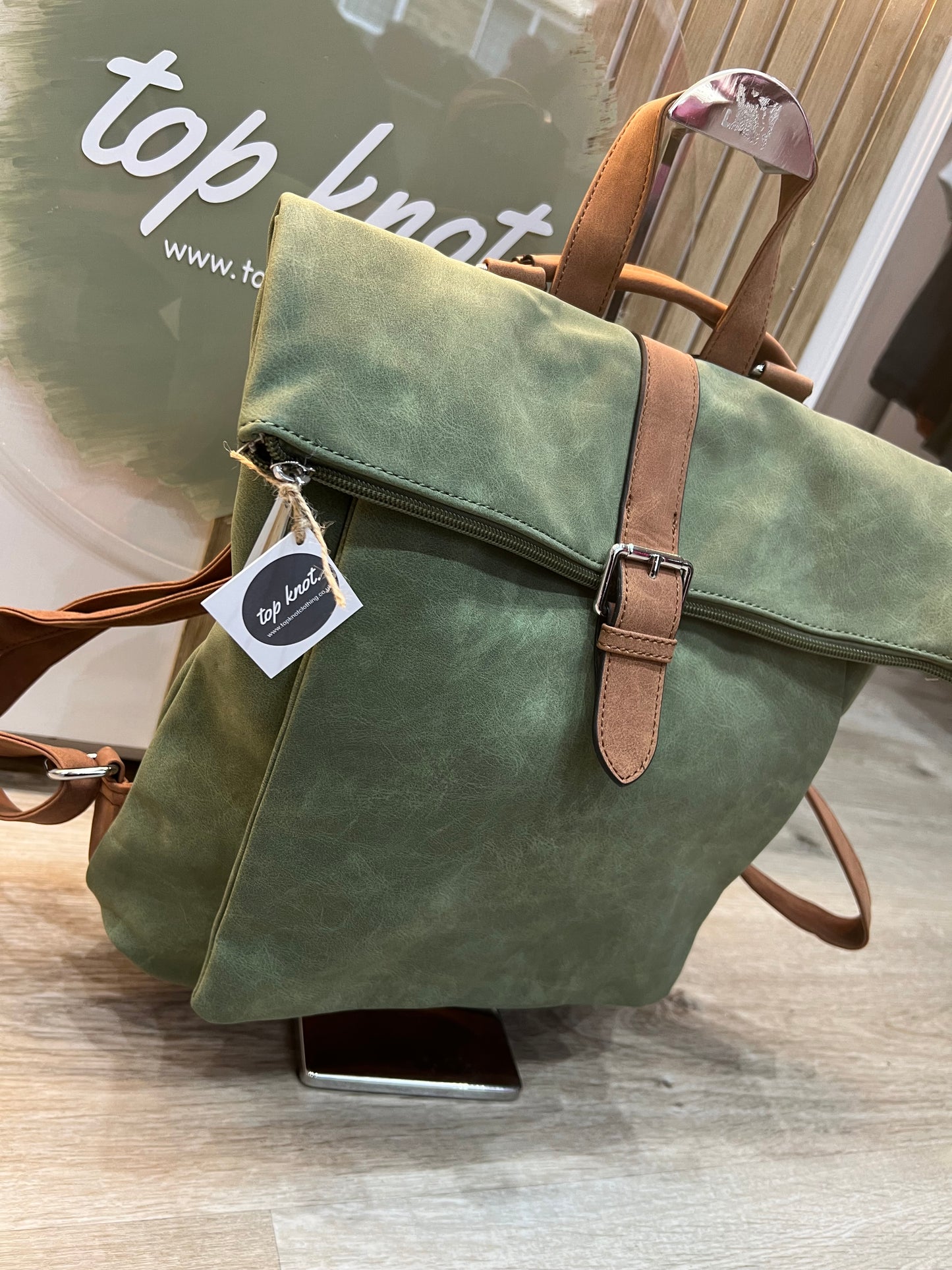 Faux Suede Rucksack - Sage/Tan