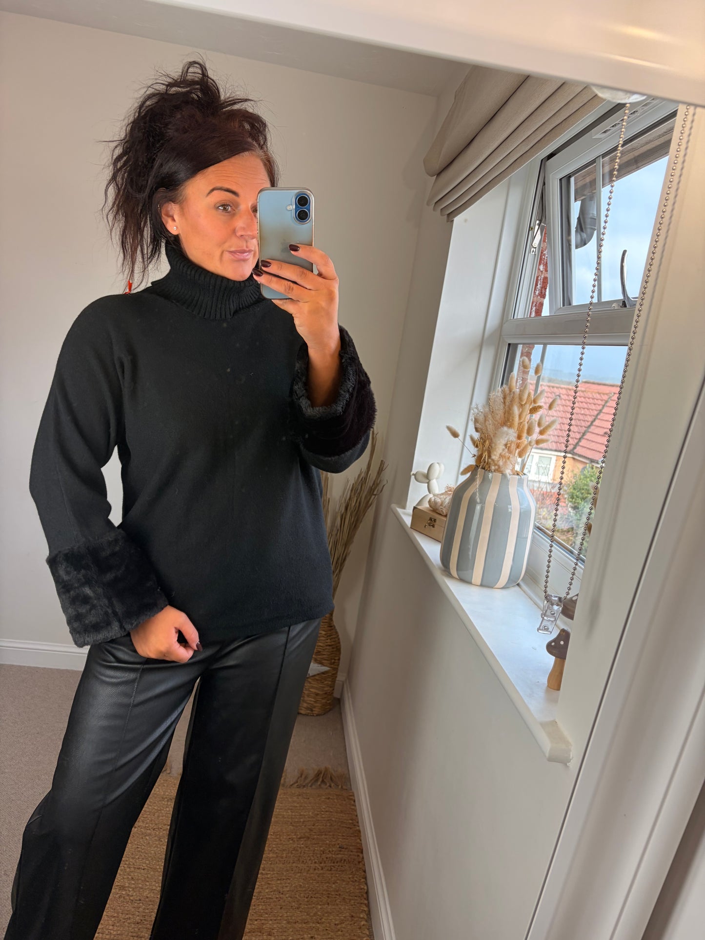 Faux Fur Cuffed Jumper - Black