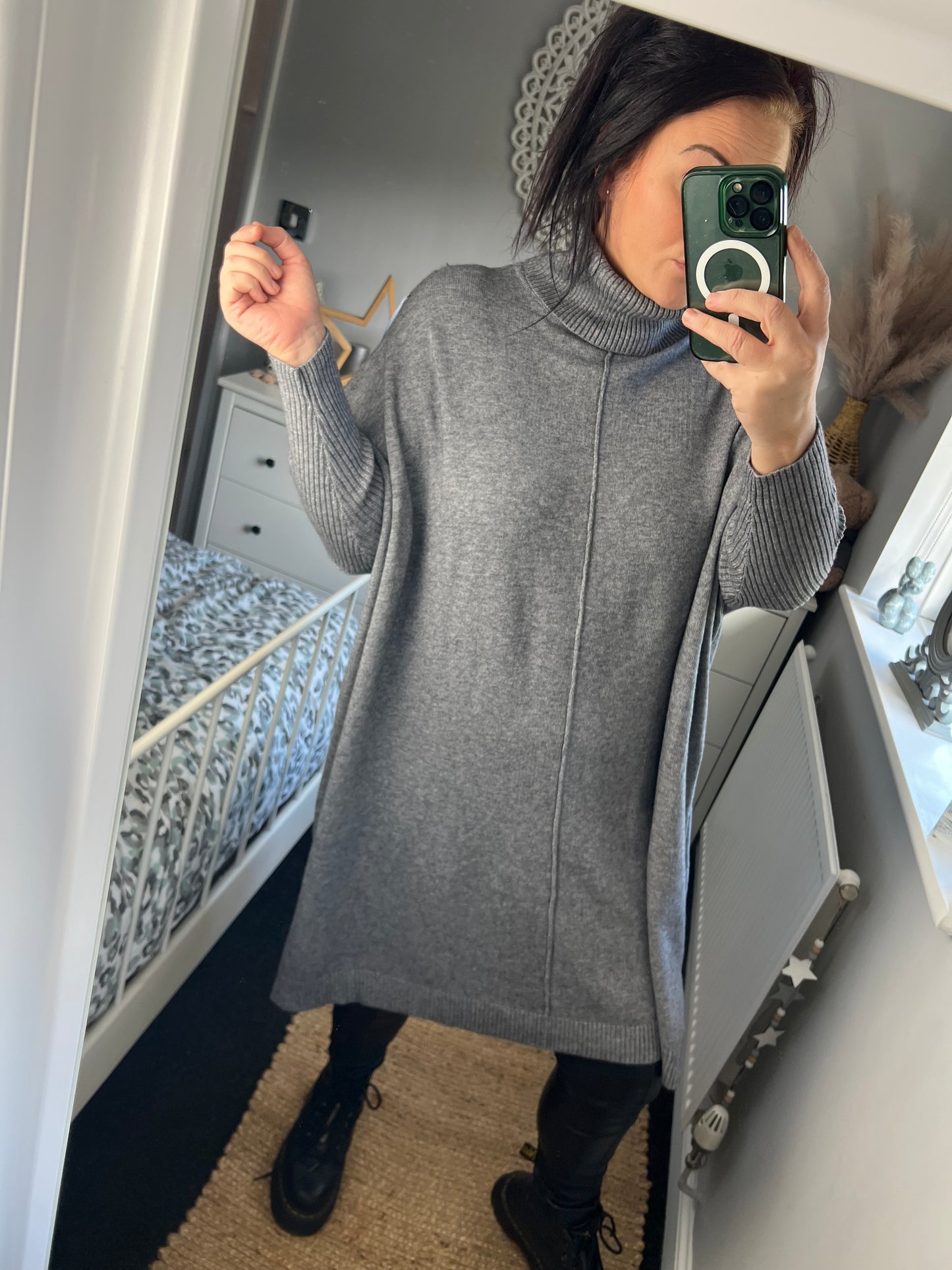 Roll Neck Jumper Dress - Grey