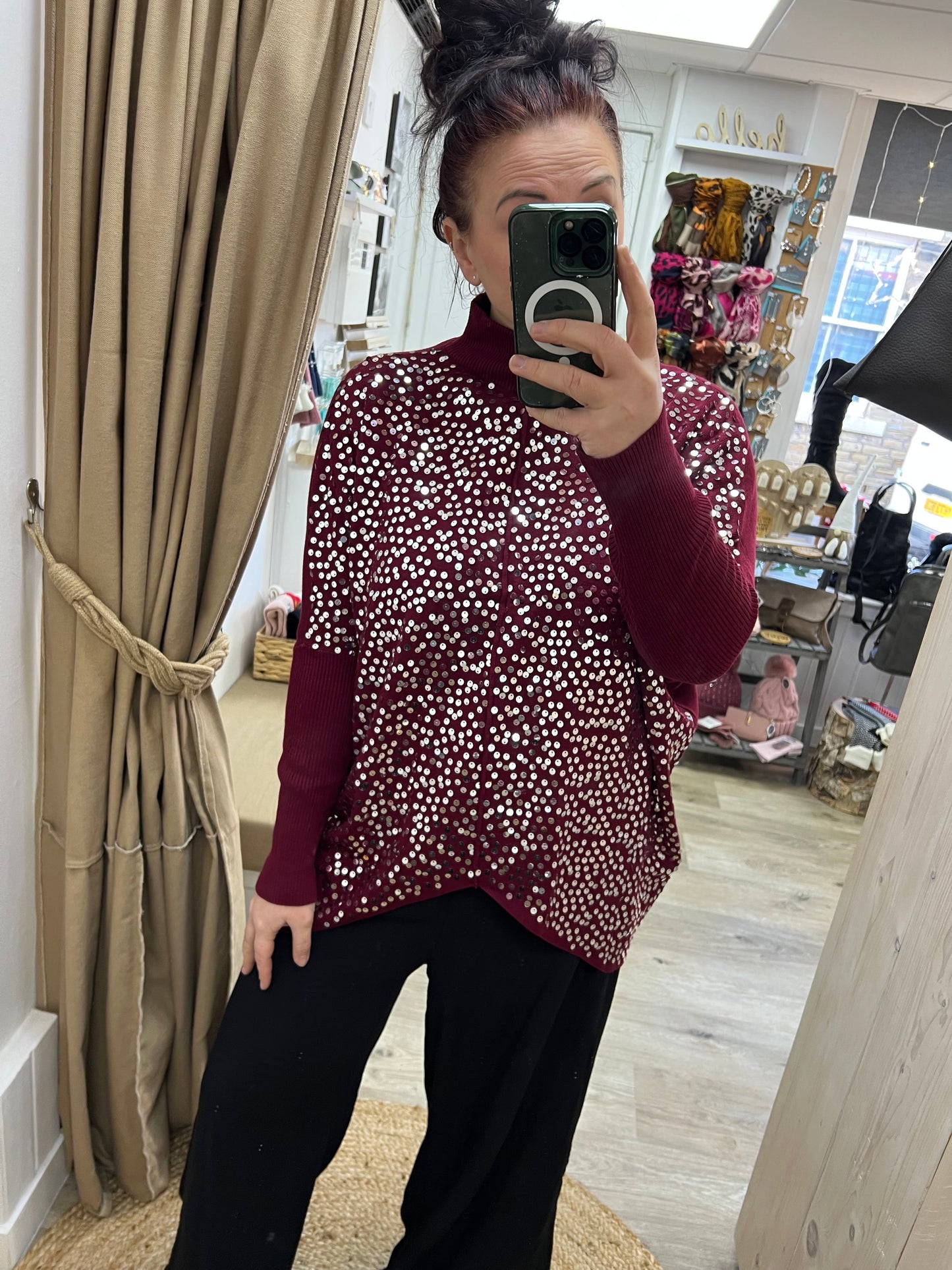 Sequin High Neck Jumper - Wine