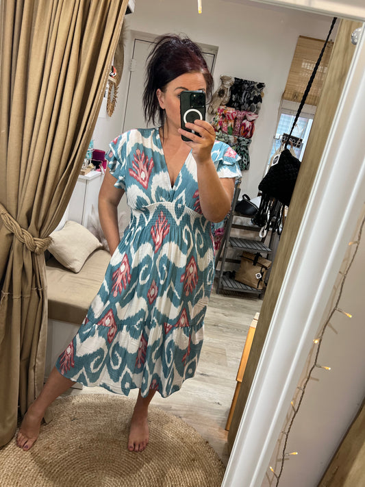 Shirred V Neck Dress - Aqua