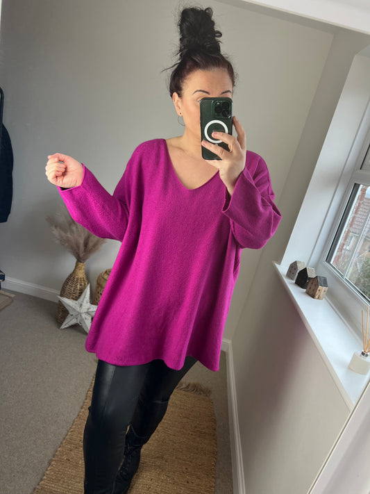 Soft Knit V Jumper - Magenta