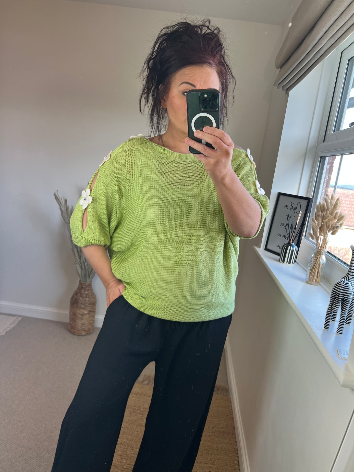 Flower Cold Shoulder Top - Green