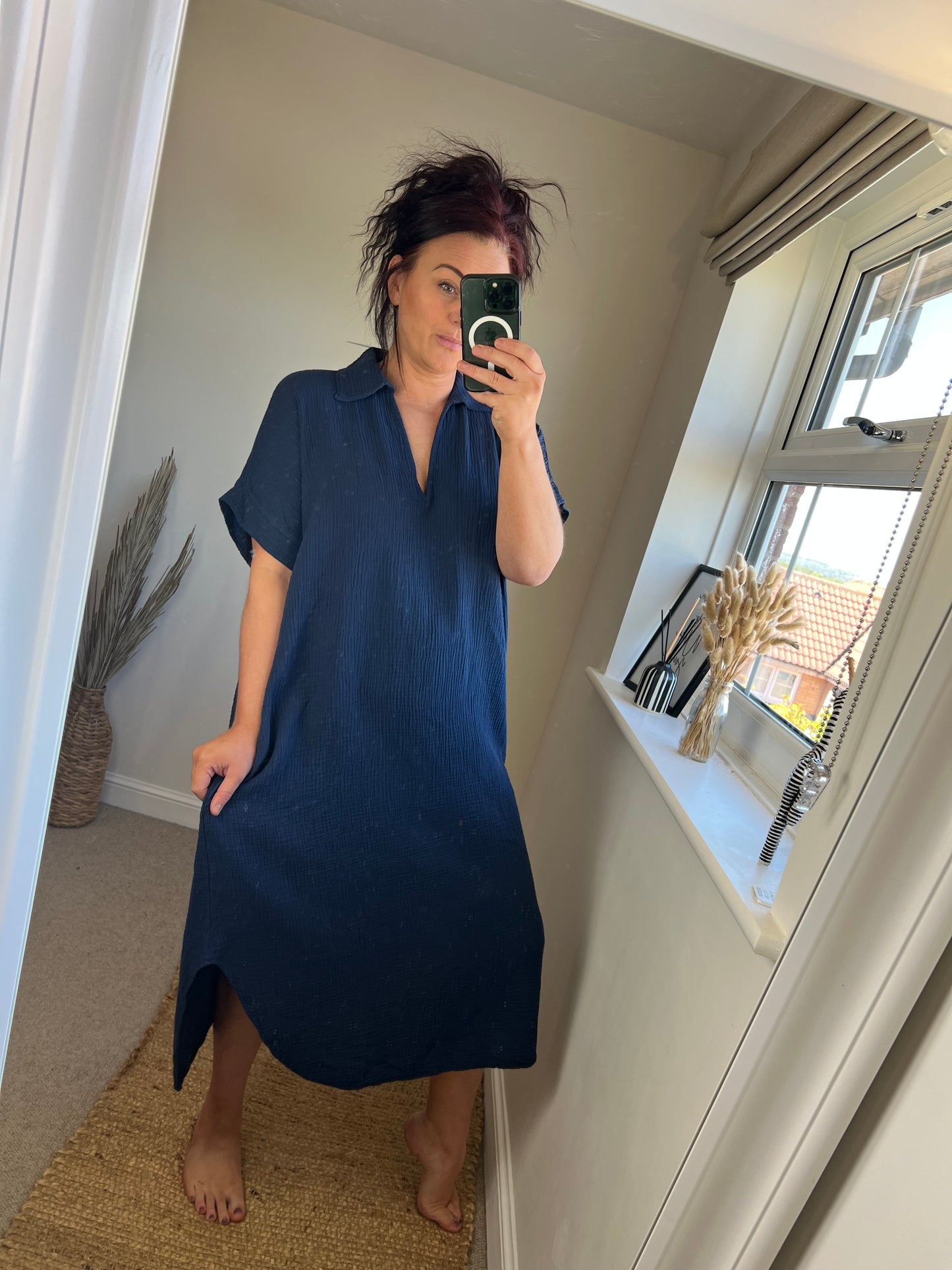 Crinkle Cotton Tunic Dress - Navy