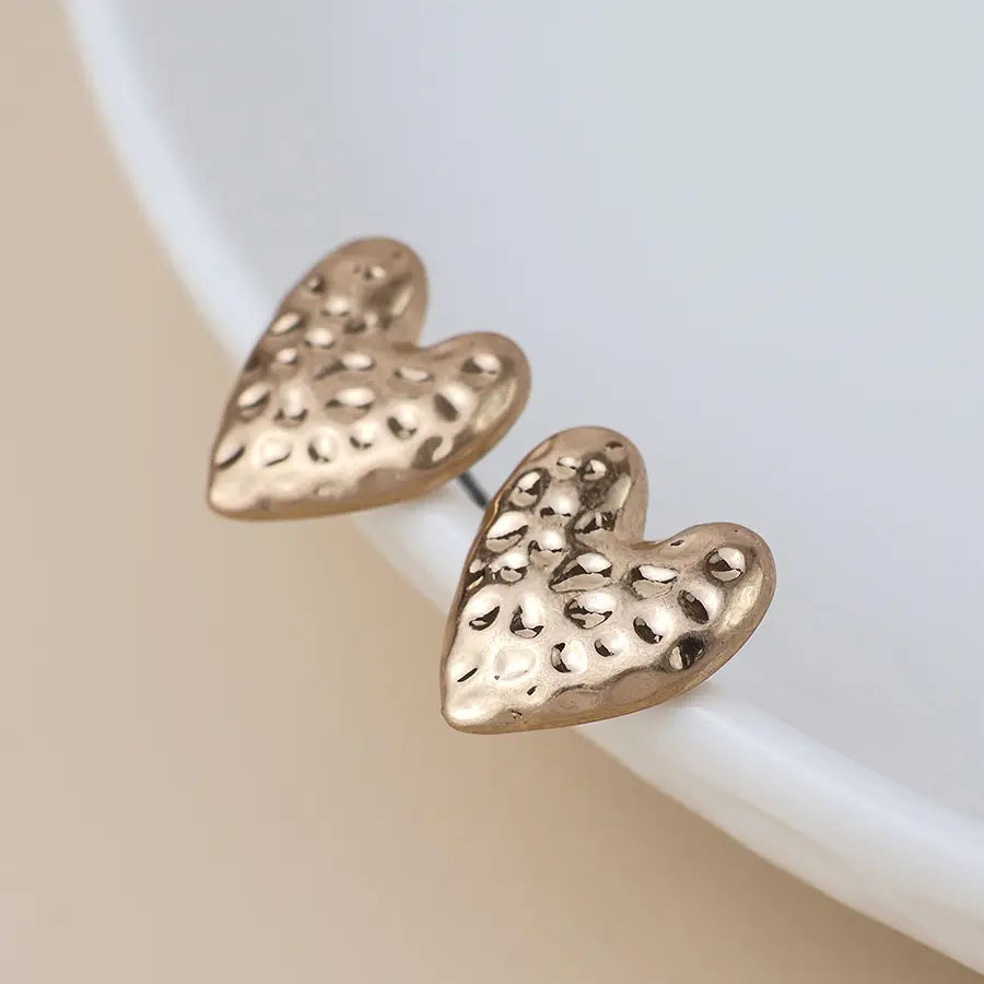 Peace of Mind - Silver Plated Hammered Heart Earrings - Gold