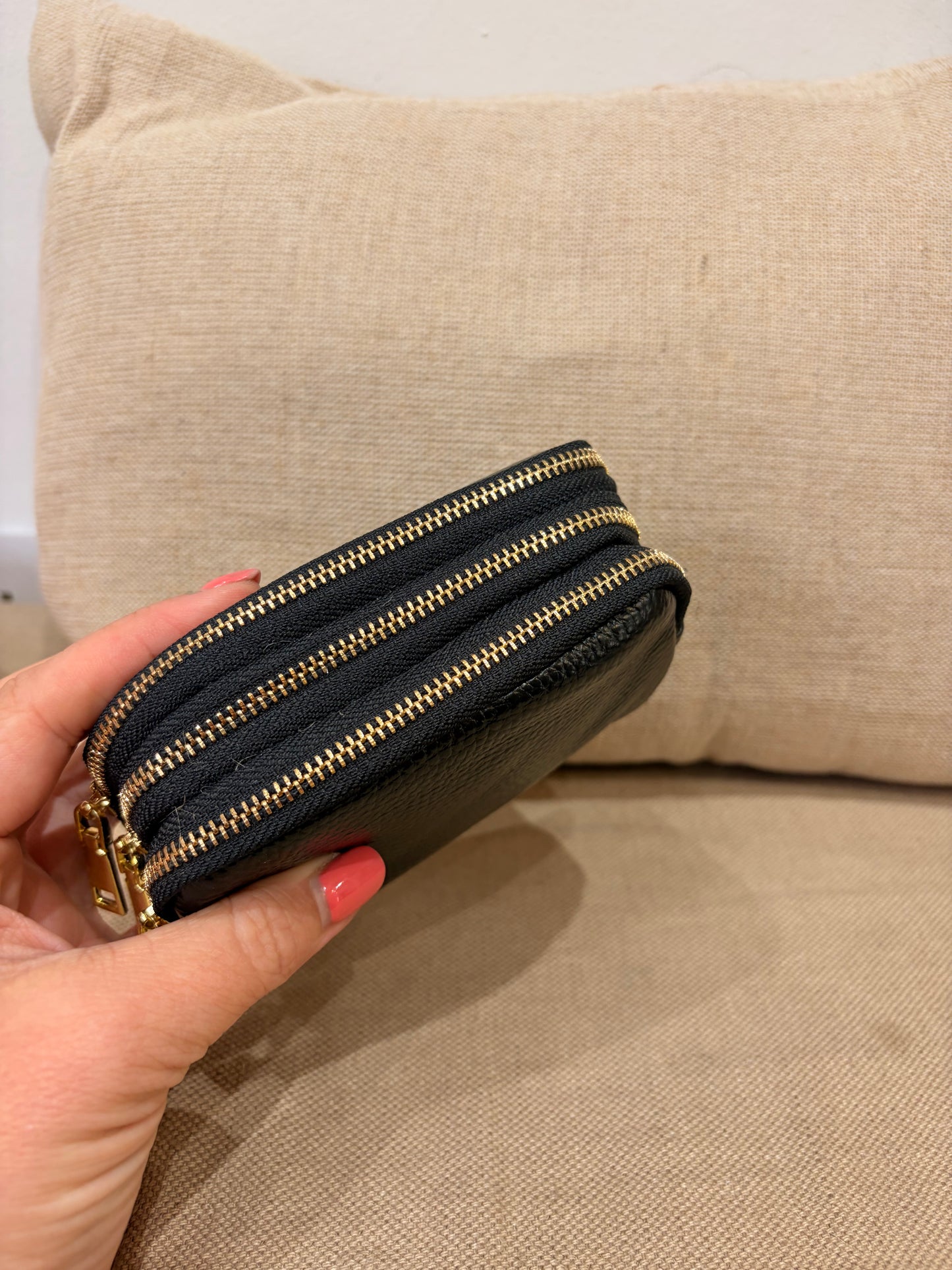 Leather Triple Compartment Purse - Black