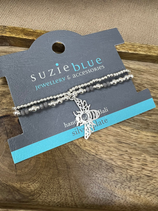 Suzie Blue Silver Plated Double Stretch Bee Bracelet