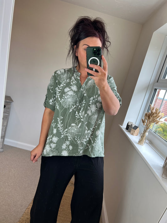 Floral Cotton Shirt - Khaki