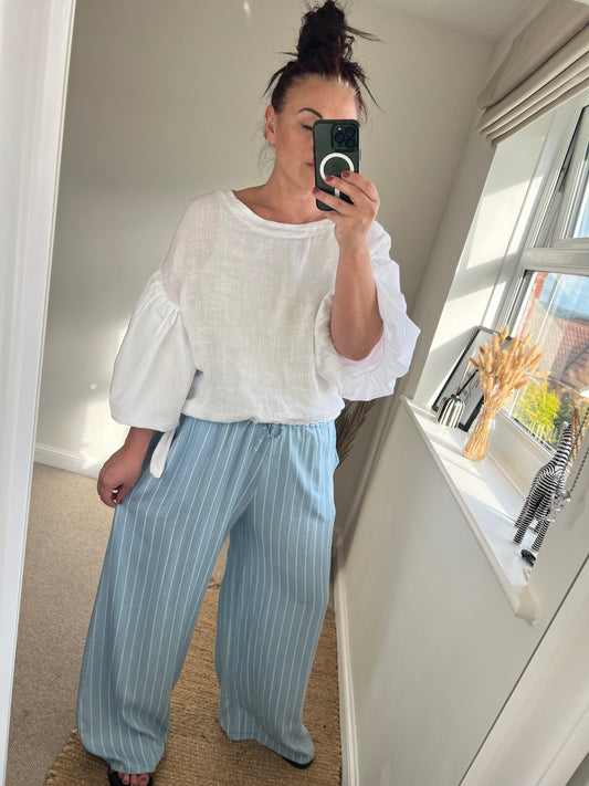 Linen Balloon Sleeve Top - White