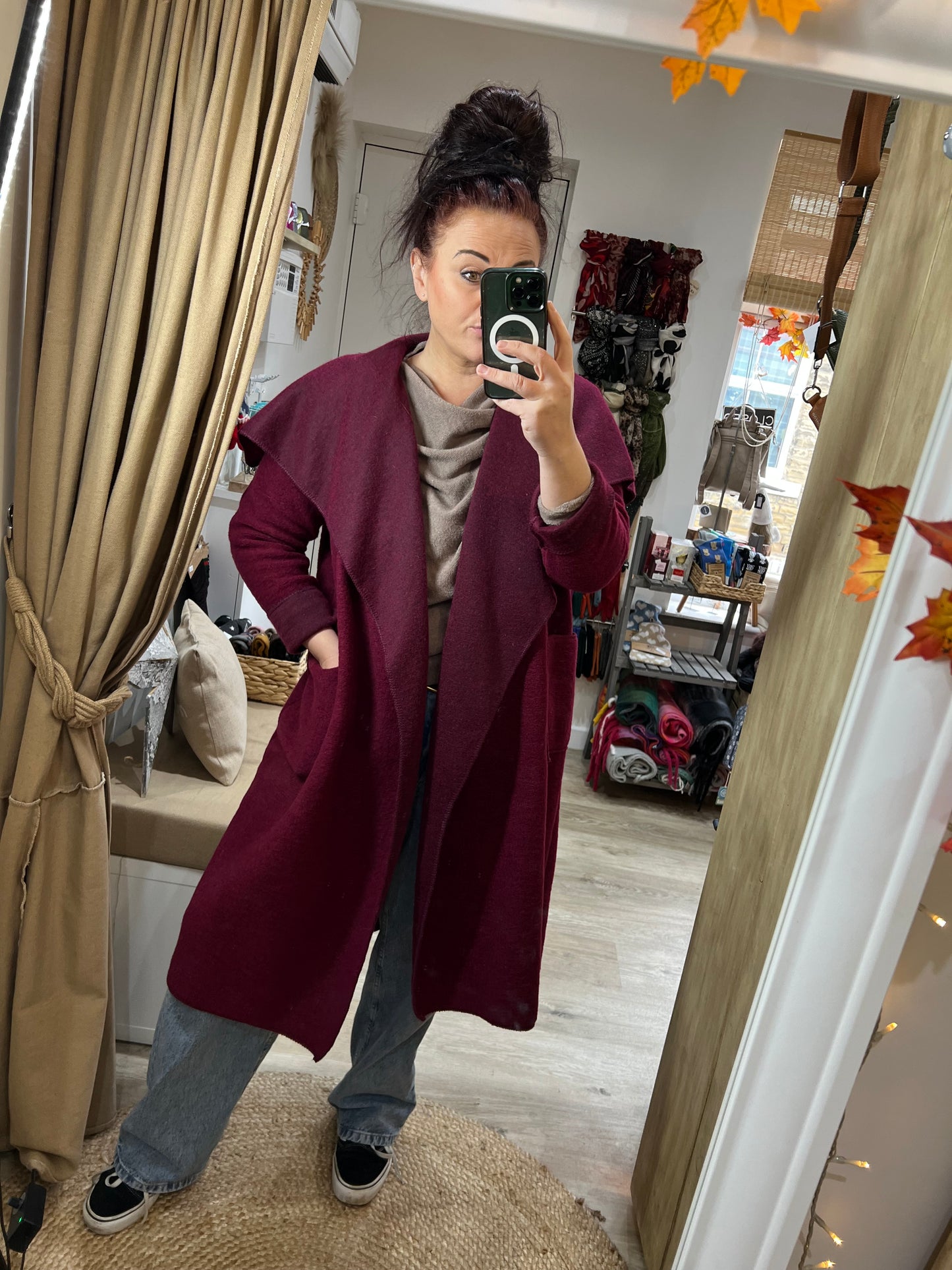 Boiled Wool Waterfall Open Coat - Wine