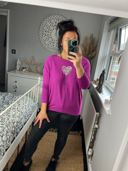Fine Knit Sequin Heart Jumper - Magenta