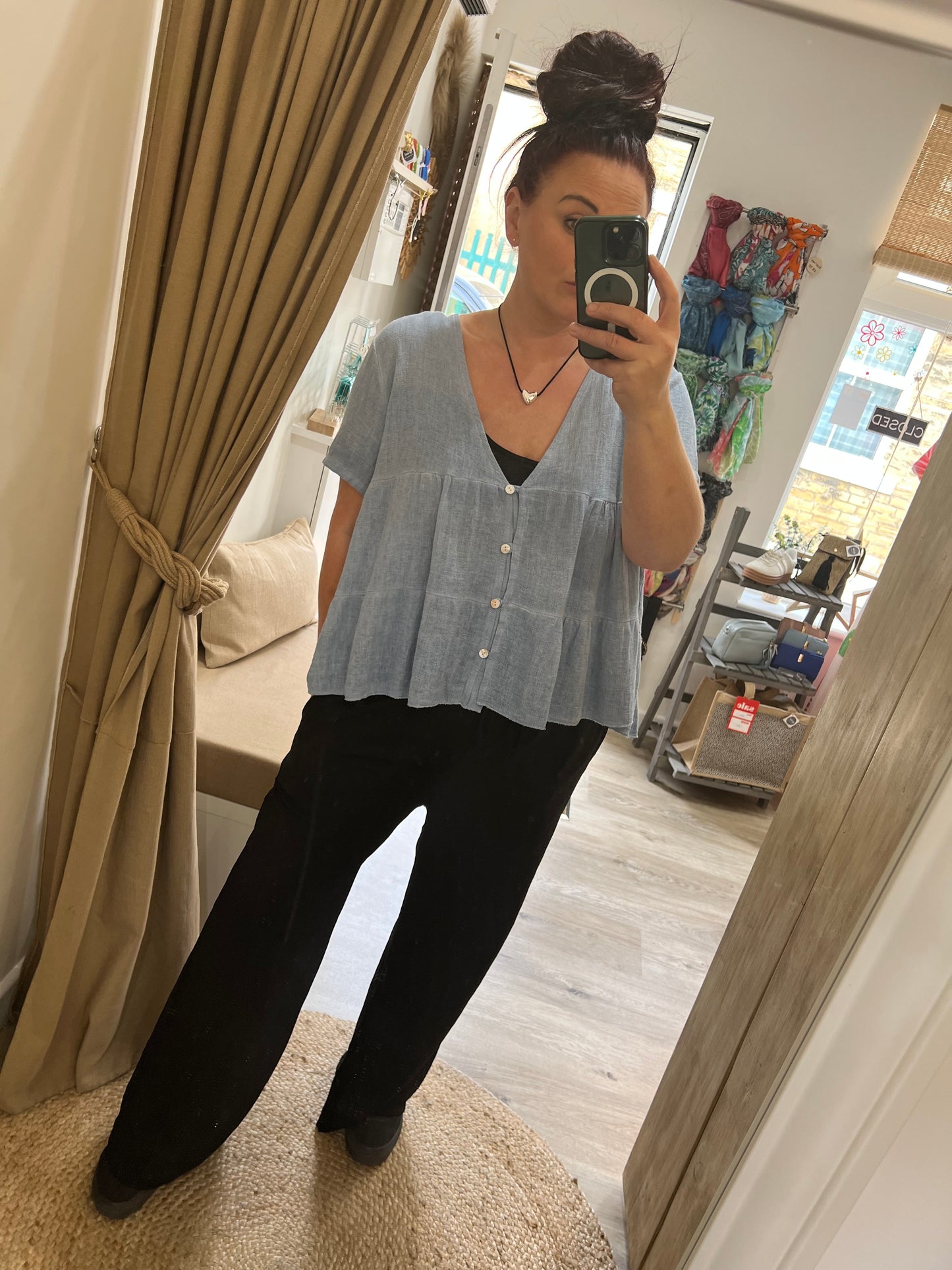 Linen Mix Smock Top - Denim Blue