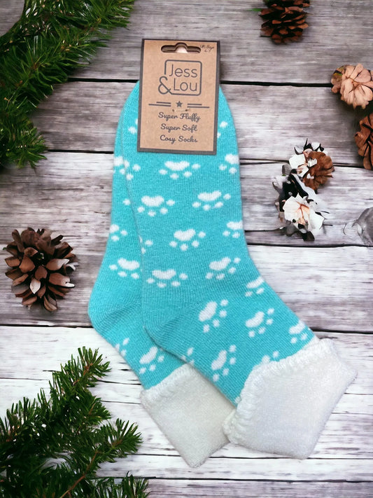 Jess & Lou Cozy Cuff Socks - Perfect Paws Turquoise