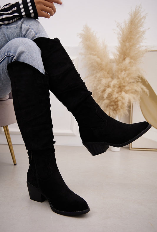 Faux Suede Western Knee Boots - Black (SIZE 3 only)