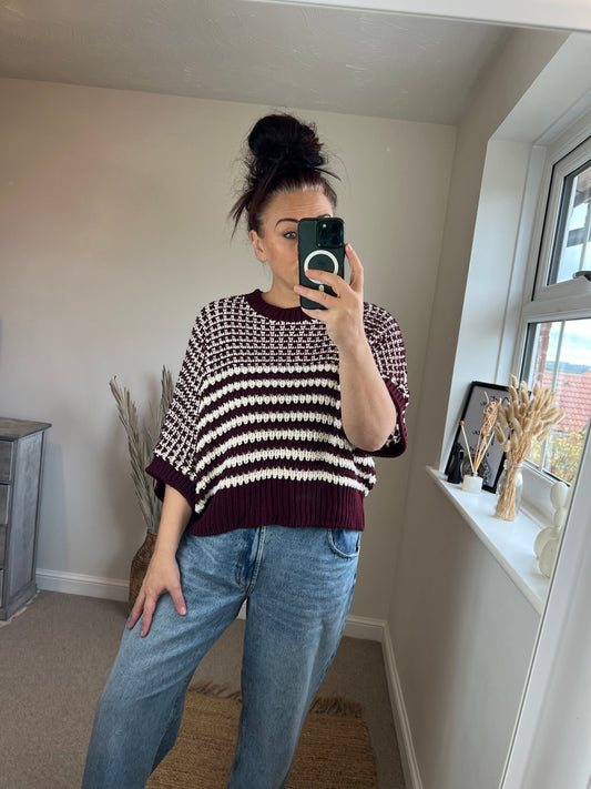 Chunky Knit Stripe Jumper - Wine/Cream