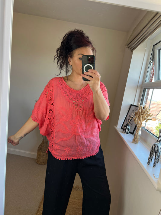 Embroidered Top - Coral