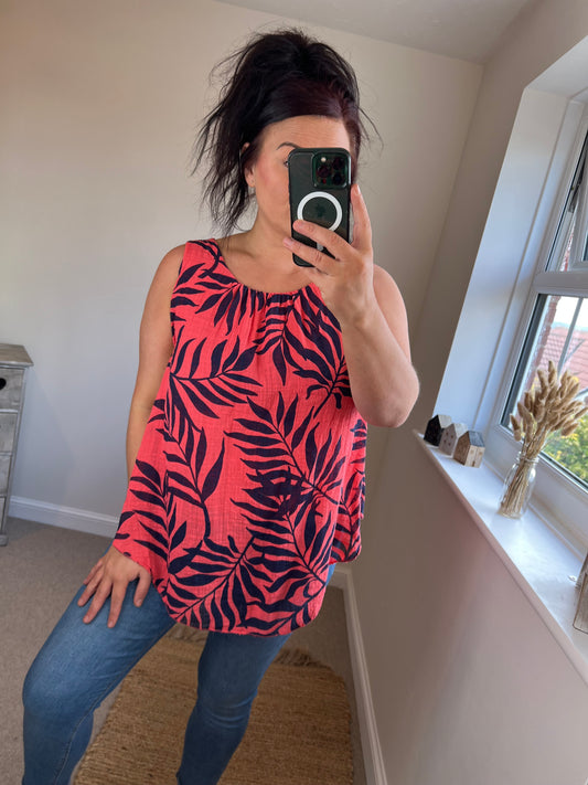 Cotton Overlay Vest Top - Coral