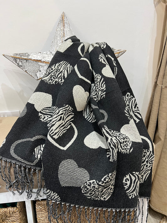 Medium Scarf - Animal Print Heart Charcoal