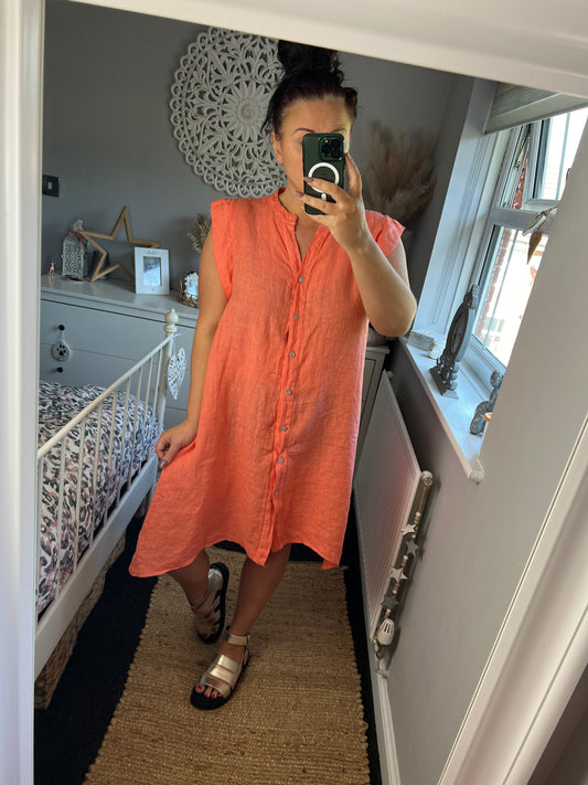 Linen Button Dress - Orange